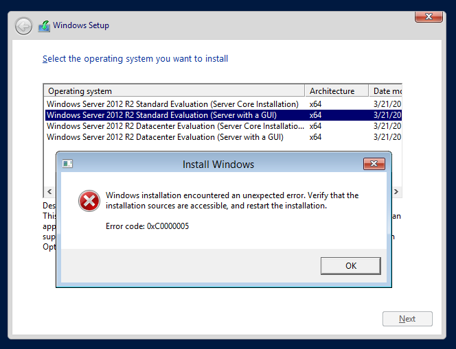 Error during Windows Server 2012 installation